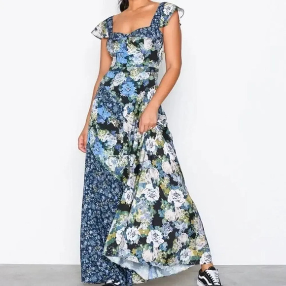 FREE PEOPLE La Fleur Maxi Floral Dress Azure Blue Size 6 Boho Shabby Chic - Picture 13 of 13